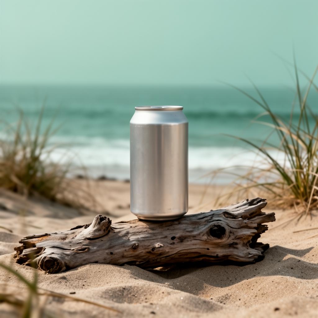 An aluminum beer can resting on weathered driftwood beside the California coast
