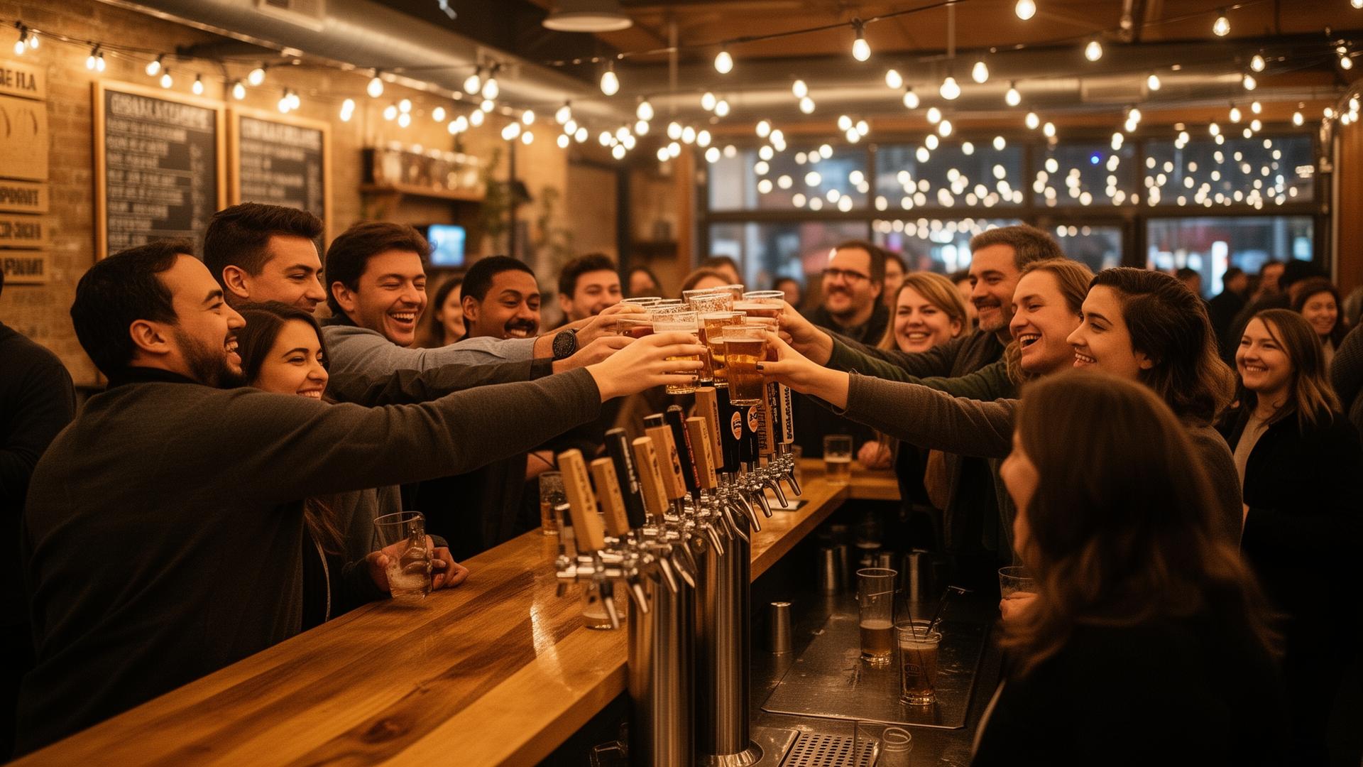 A crowd toasting beers together at a craft brewery taproom event